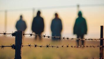 A group of people standing behind a barbed wire fence photo