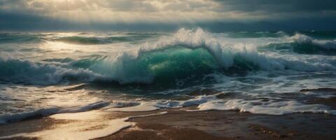 A wave crashing on the beach with sun rays shining through photo