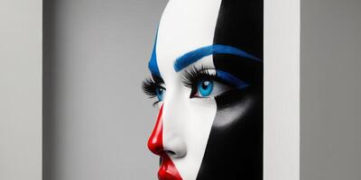 A woman's face painted with red, white and blue photo