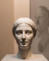 A white marble bust of a woman with a man's face photo