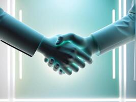 Two people shaking hands in front of a glowing light photo