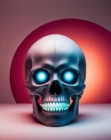A skull with glowing eyes on a red background photo