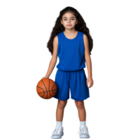 Young girl in a blue basketball uniform holding a basketball, standing confidently on a transparent background. png