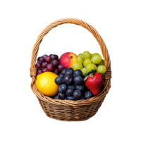 Basket filled with assorted fresh fruits, including grapes, apples, and oranges, on a transparent background. png
