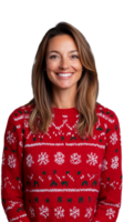 Smiling woman wearing a red festive sweater with snowflake patterns on a transparent background. png