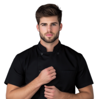 Man in a black chef uniform, adjusting his collar with a serious expression, on a transparent background. png