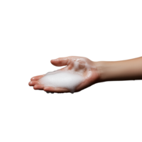 Hand holding a bar of soap lathered with foam, on a transparent background. png