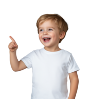 Smiling young boy in a white t shirt, pointing to the side, on a transparent background. png