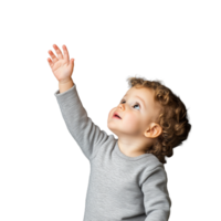 Little boy reaching up with both hands, wearing a gray sweater, on a transparent background. png