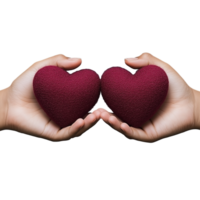 Two hands holding soft, red heart shaped pillows together, on a transparent background. png