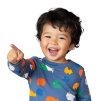 Laughing toddler wearing a colorful dinosaur printed shirt, pointing playfully, on a transparent background. png