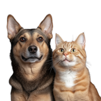 Happy dog and cat sitting side by side, looking forward, on a transparent background. png