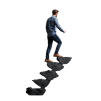 Man walking on floating steps, wearing casual clothes, moving upward on a transparent background. png