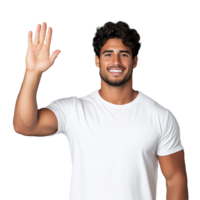 Man in a white t shirt giving a thumbs up gesture, smiling confidently, on a transparent background. png
