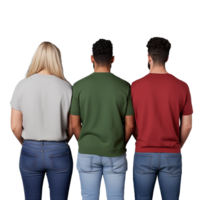 Back view of three people standing together, wearing different colored shirts, on a transparent background. png