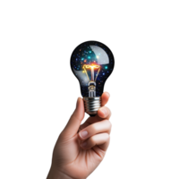 Hand holding a light bulb with a galaxy and rocket inside, symbolizing creativity and ideas, on a transparent background. png