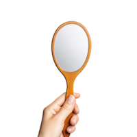 Hand holding a wooden framed handheld mirror, reflecting an empty background, on a transparent background. png