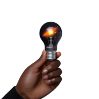 Hand holding a light bulb with an explosion inside, symbolizing a powerful idea, on a transparent background. png