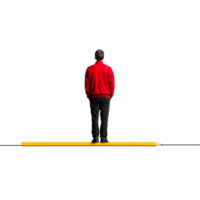 Man in a red jacket standing on a pencil, symbolizing balance and creativity, on a transparent background. png