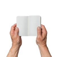 Hands holding an open notebook, showing blank pages, on a transparent background. png