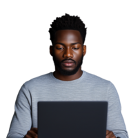 Man using a laptop, concentrating on the screen, on a transparent background. png