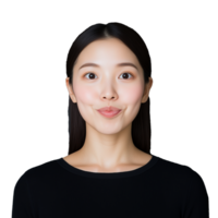 Woman smiling with her lips pursed, showing a fun and quirky expression, on a transparent background. png