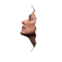 Woman breaking through a white paper wall, face emerging, symbolizing breakthrough and empowerment, on a transparent background. png