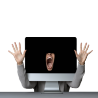 Person screaming with face appearing through a computer screen, symbolizing digital frustration, on a transparent background. png