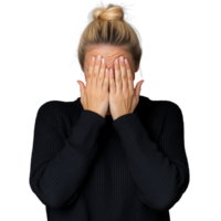 Woman covering her eyes with both hands, playfully hiding, on a transparent background. png