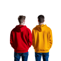 Two boys standing side by side, one in a red hoodie and the other in a yellow hoodie, back view, on a transparent background. png