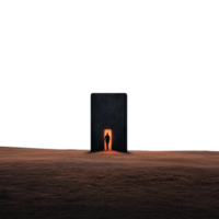Person standing in front of a dark, mysterious doorway, symbolizing new opportunities or unknown paths, on a transparent background. png