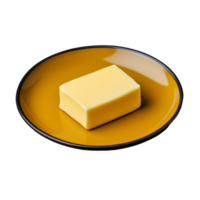 Rectangle block of butter in a round yellow plate on a transparent background png