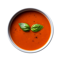 Close up of tomato soup with fresh basil in a white bowl on transparent background png