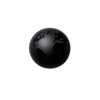Black metallic globe with continents and smooth finish on transparent background png