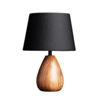Modern wooden table lamp with black fabric shade on transparent background png