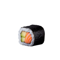 Close up of sushi roll featuring salmon, avocado, and rice wrapped in seaweed on transparent background png