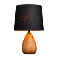 Elegant wooden table lamp with warm light and black fabric shade on transparent background png