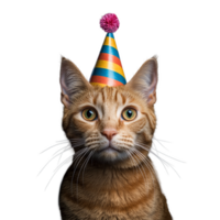 Adorable tabby cat wearing colorful party hat with curious expression on transparent background png
