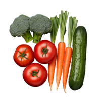 Fresh assorted vegetables including tomatoes, broccoli, carrots, and cucumber on transparent background png