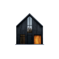 Modern black house with large windows and sharp triangular roof on transparent background png