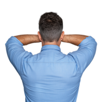 Man with short hair viewed from behind resting hands on head on transparent background png