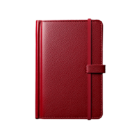 Elegant red leather bound notebook with strap closure on transparent background png