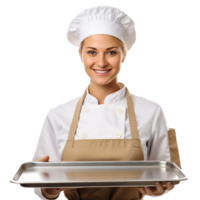 Female Baker in chef uniform Holding an empty Tray isolated on transparent background png