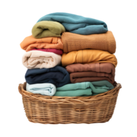 Stack of clean clothes in a Wicker basket isolated on transparent background png