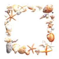 Watercolor Frame of Seashells and Starfish for Coastal Designs on a transparent background png