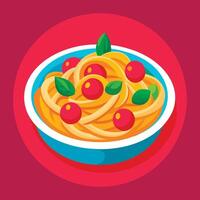 Spaghetti with cherry tomatoes and basil in a bowl vector