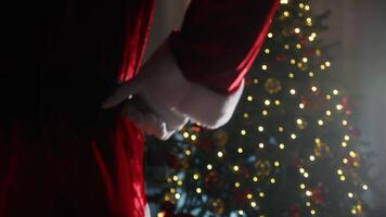 Papa Noel claus sorprendentes un actitud en frente de el árbol video