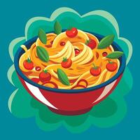 Pasta with tomatoes and basil in a bowl vector