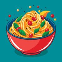 Spaghetti with cherry tomatoes and basil in a bowl vector