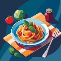 A plate of spaghetti with tomatoes and basil on a table vector